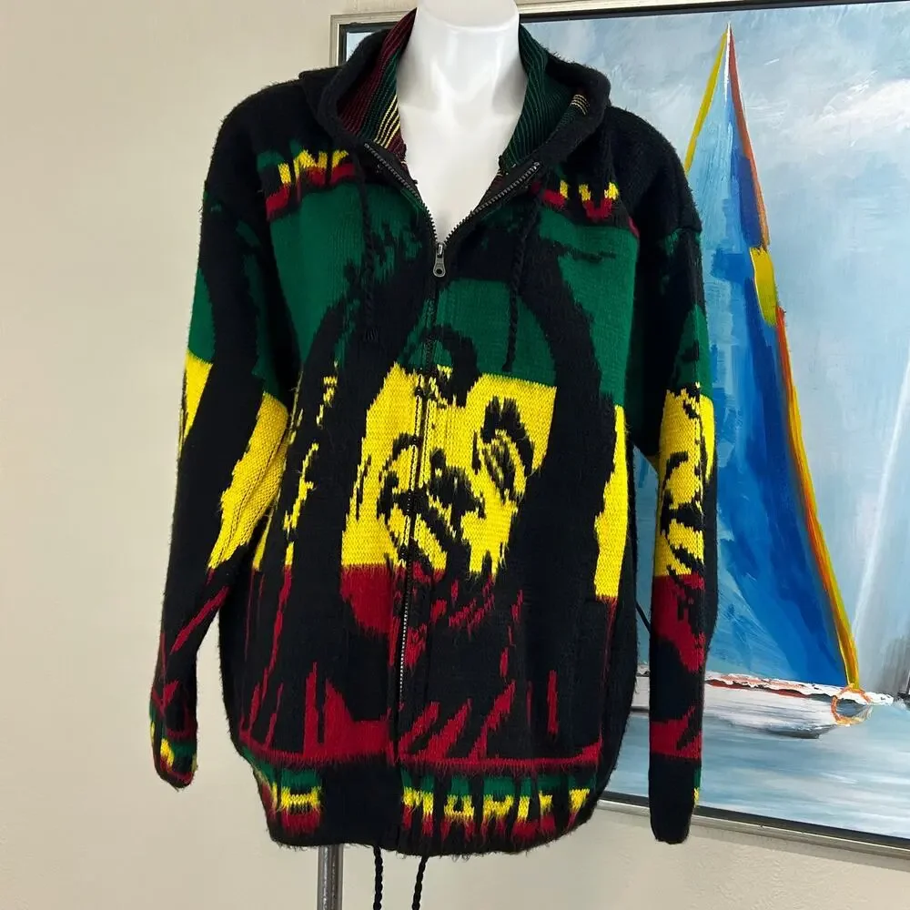 Vintage Bob Marley One Love Rasta Knit Full Zip Hoodie  Men’s Large